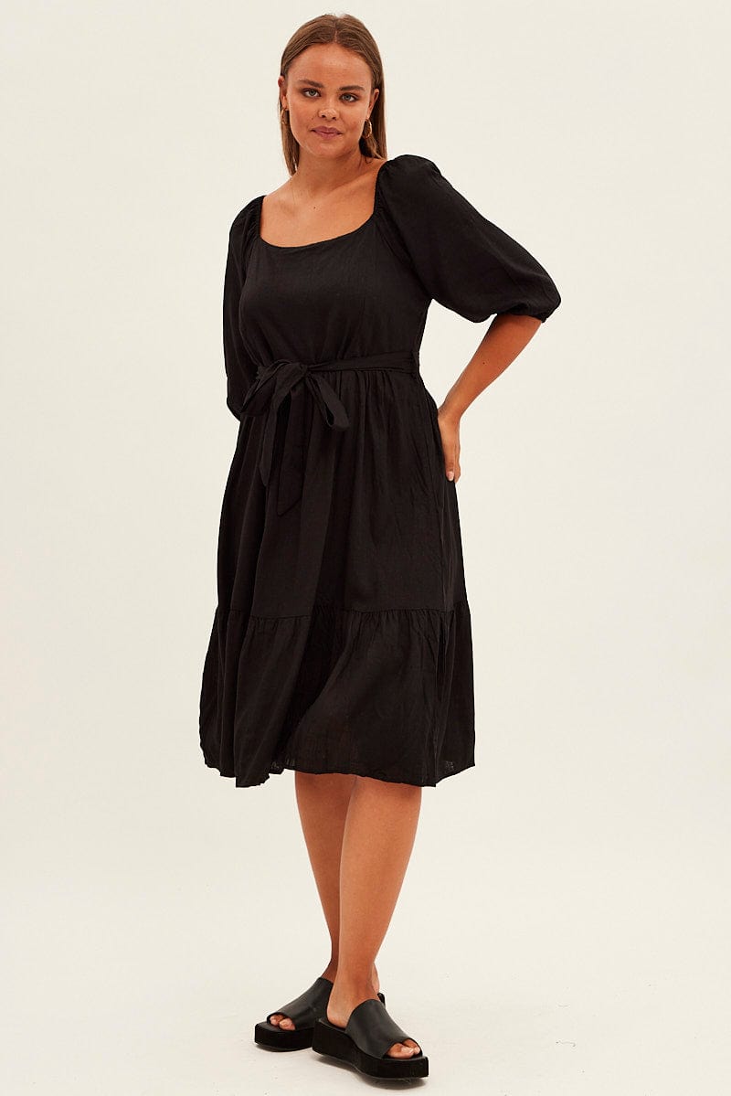 Black Midi Dress Puff Sleeve Belt Frill Hem You All
