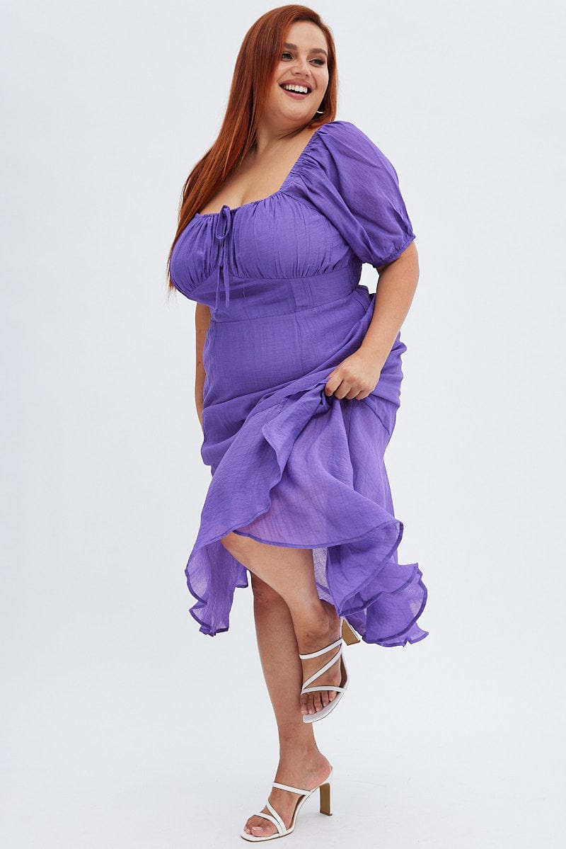 Purple Midi Dress Short Sleeve Ruffle Ruched Bust