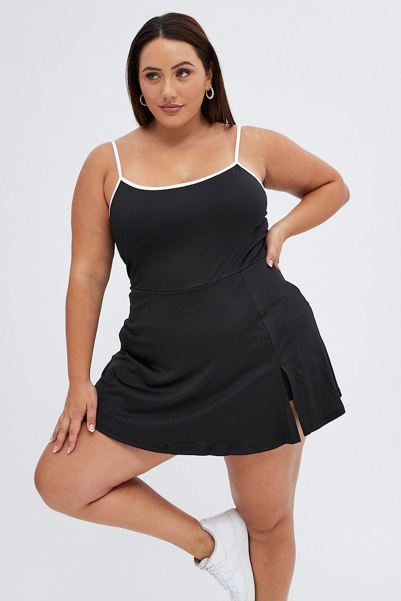 Black Tennis Dress With Inbuilt Shorts Jersey Contrast | You & All Black Tennis Dress With Inbuilt Shorts Jersey Contrast | You & All