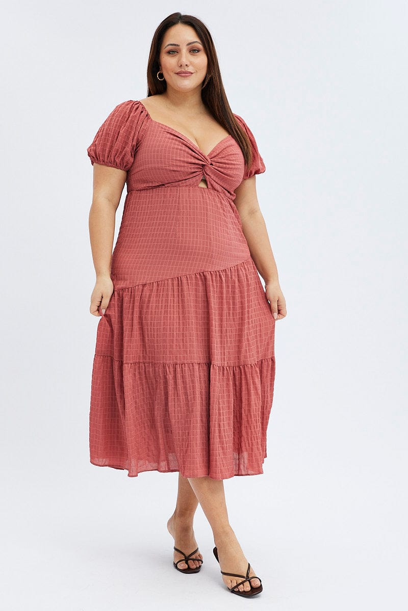 Brown Midi Dress Short Sleeve Cut Out