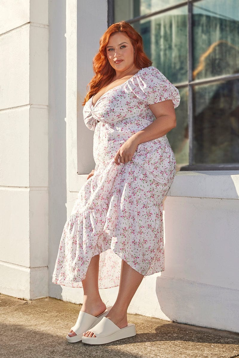 White Ditsy Midi Dress Short Sleeve Cut Out Tiered You All