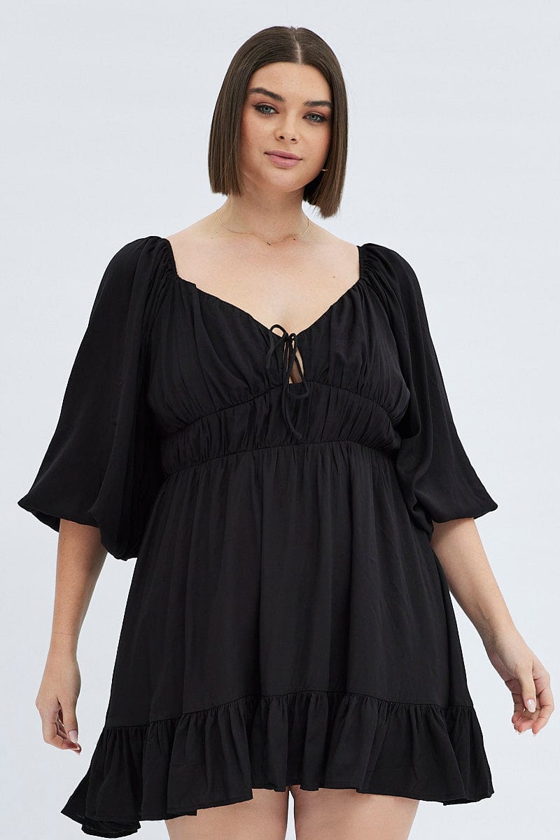 Black Fit And Flare Dress 3/4 Sleeve Tiered Cut Out | You & All Black Fit And Flare Dress 3/4 Sleeve Tiered Cut Out | You & All