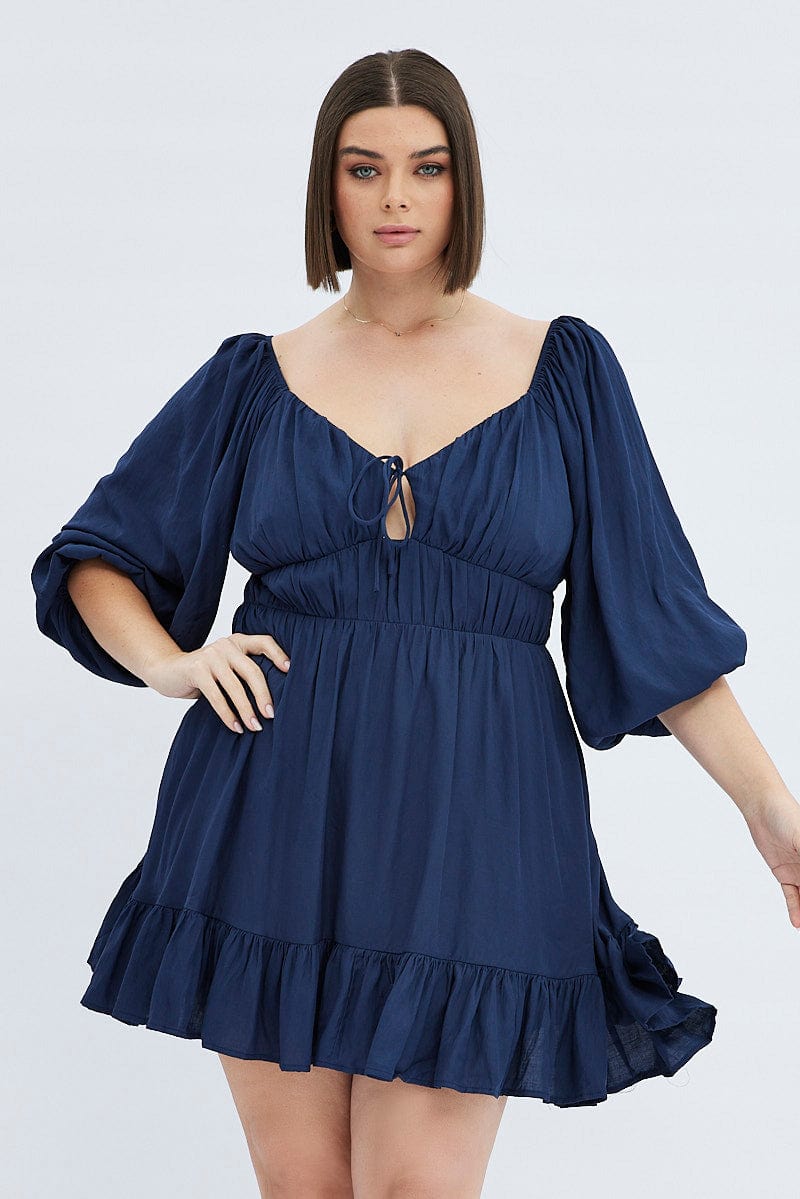 Blue Fit And Flare Dress 3/4 Sleeve Tiered Cut Out | You & All Blue Fit And Flare Dress 3/4 Sleeve Tiered Cut Out | You & All