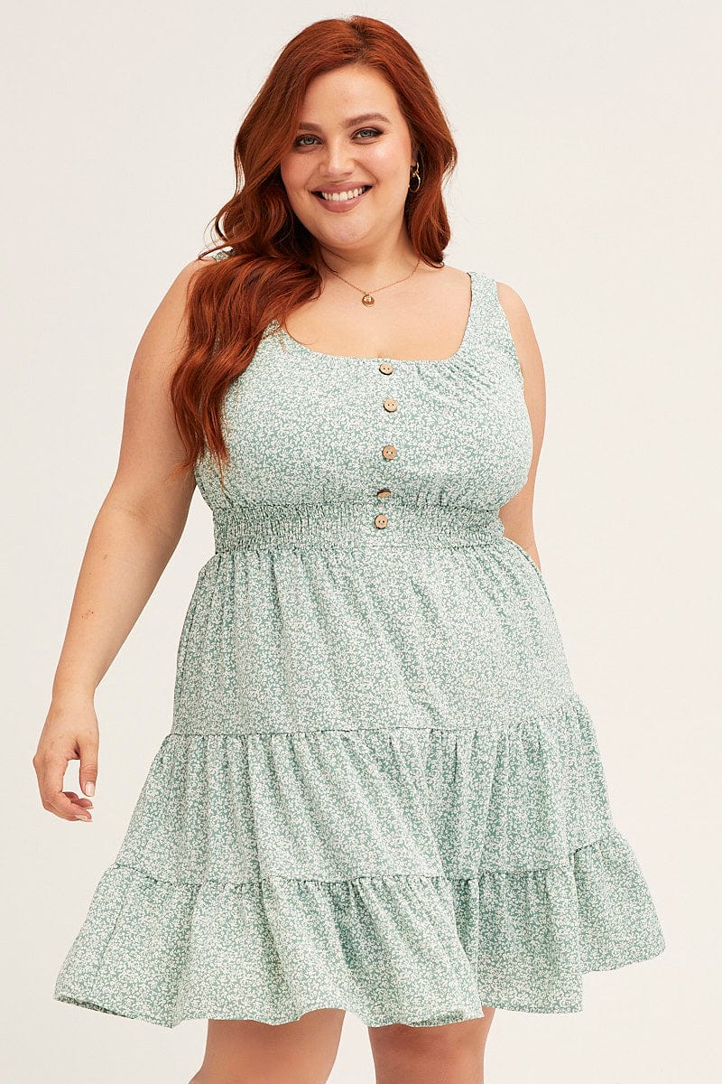 Plus Size Ditsy Print Fit And Flare Dress Sleeveless Mini Button Front |You + All | Shop Online | You & All Plus Size Ditsy Print Fit And Flare Dress Sleeveless Mini Button Front |You + All | Shop Online | You & All