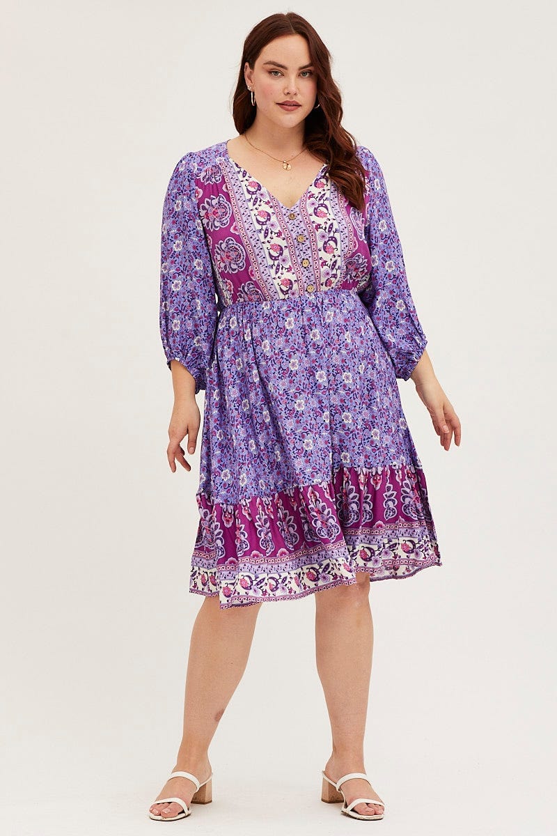 Plus Size Boho Print Skater Dress V-Neck Long Sleeve | You + All | Shop Online | You & All Plus Size Boho Print Skater Dress V-Neck Long Sleeve | You + All | Shop Online | You & All