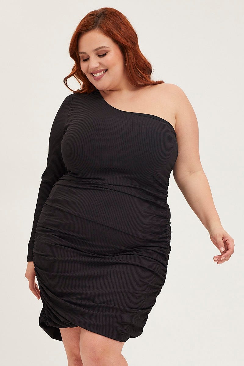 Plus Size Black Bodycon Dress One Shoulder Long Sleeve Jersey | You + All | Shop Online | You & All Plus Size Black Bodycon Dress One Shoulder Long Sleeve Jersey | You + All | Shop Online | You & All
