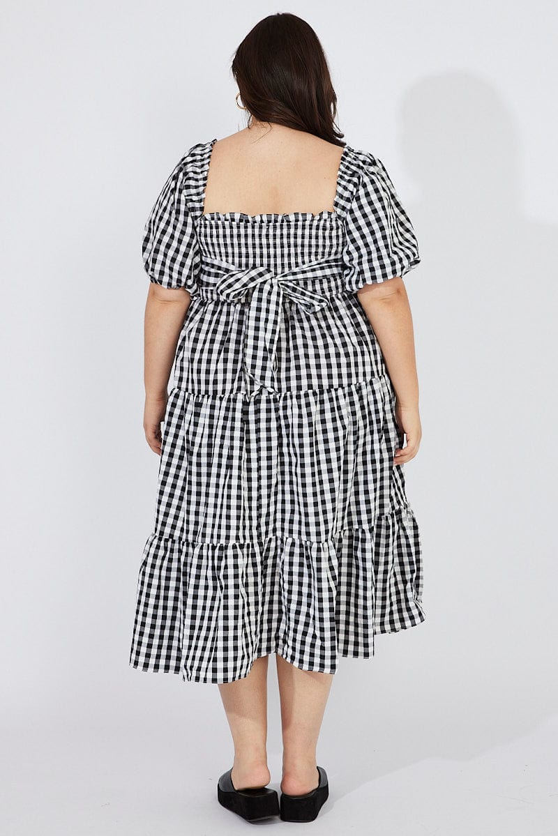 Black Check Midi Dress Short Sleeve Shirred Tie Back for YouandAll Fashion
