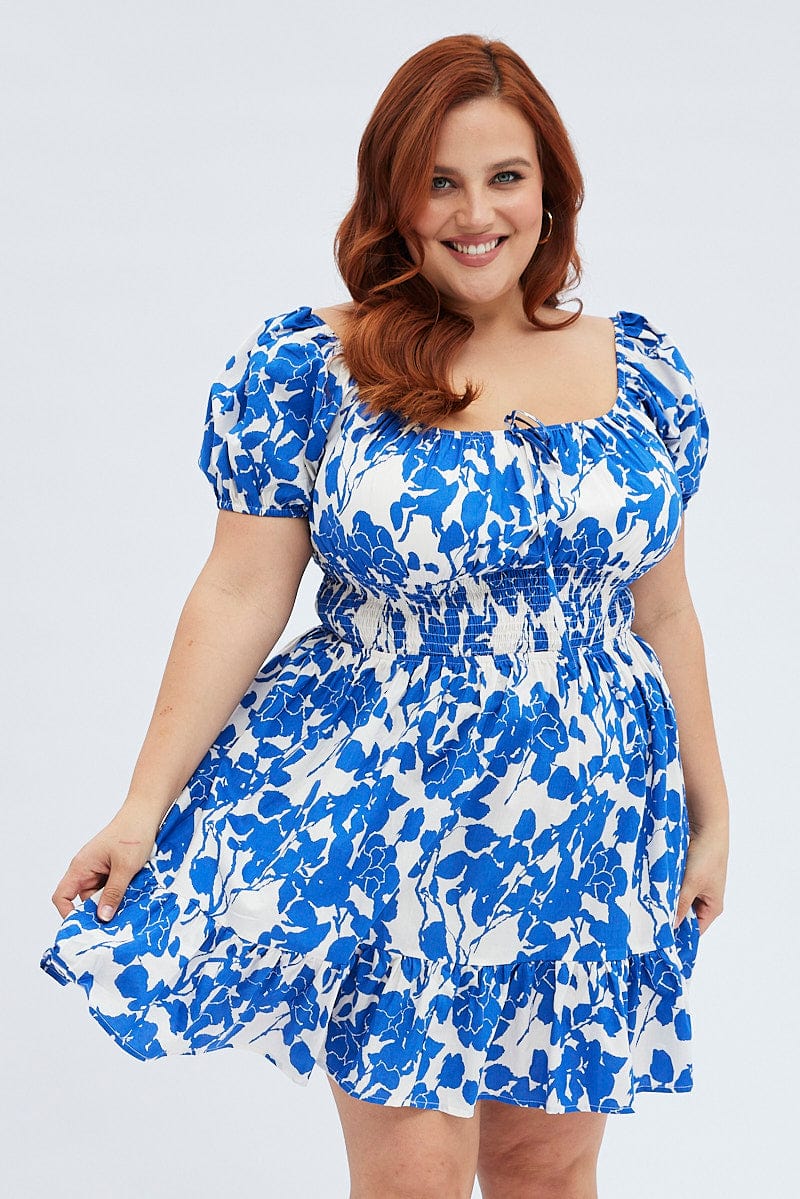 Blue Floral Fit And Flare Dress Short Sleeve You All