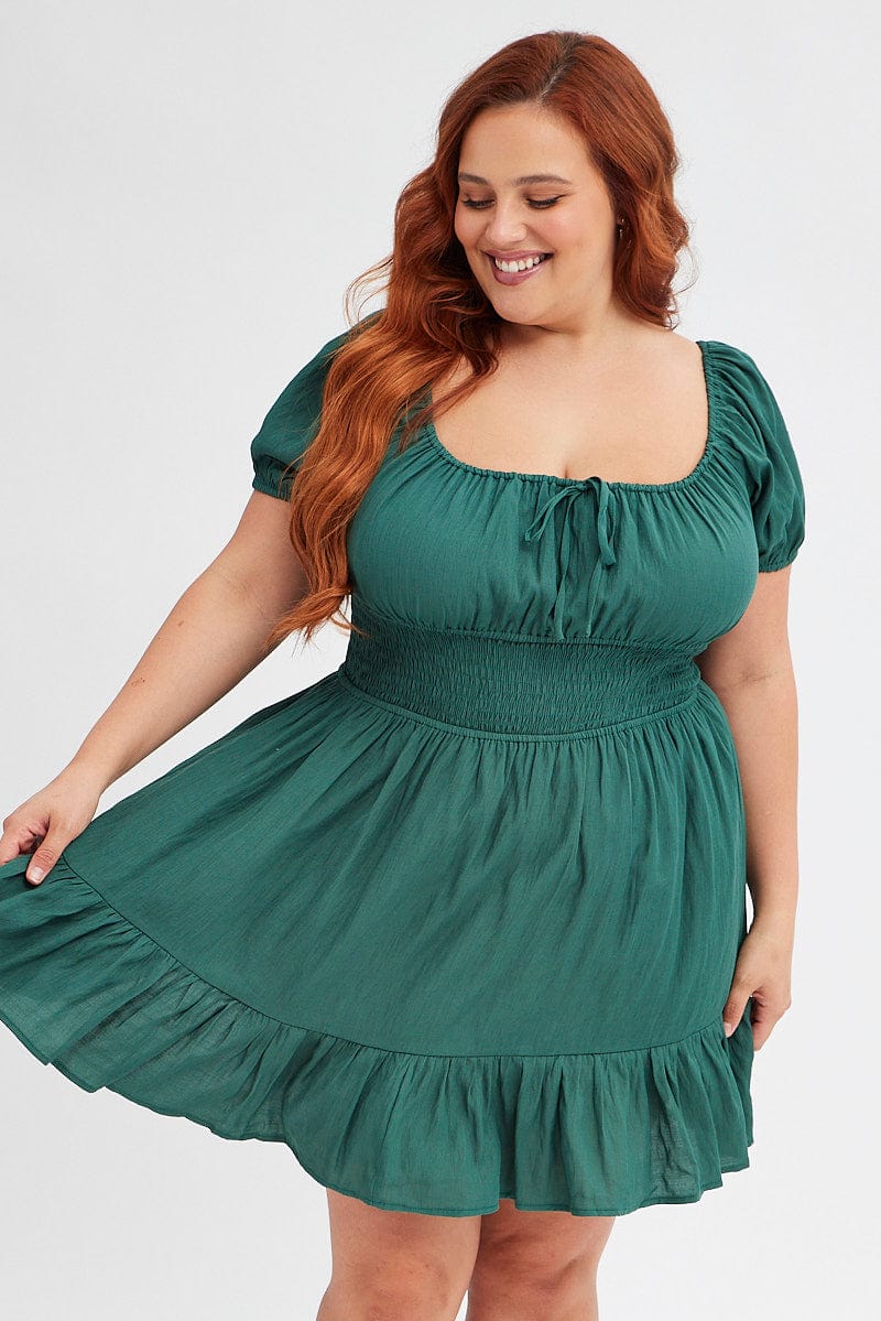 Green Fit And Flare Dress Short Sleeve Gathered Bust | You & All Green Fit And Flare Dress Short Sleeve Gathered Bust | You & All