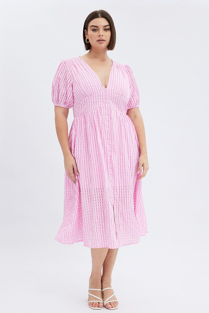 Pink Midi Dress Short Puff Sleeve Check | You & All Pink Midi Dress Short Puff Sleeve Check | You & All