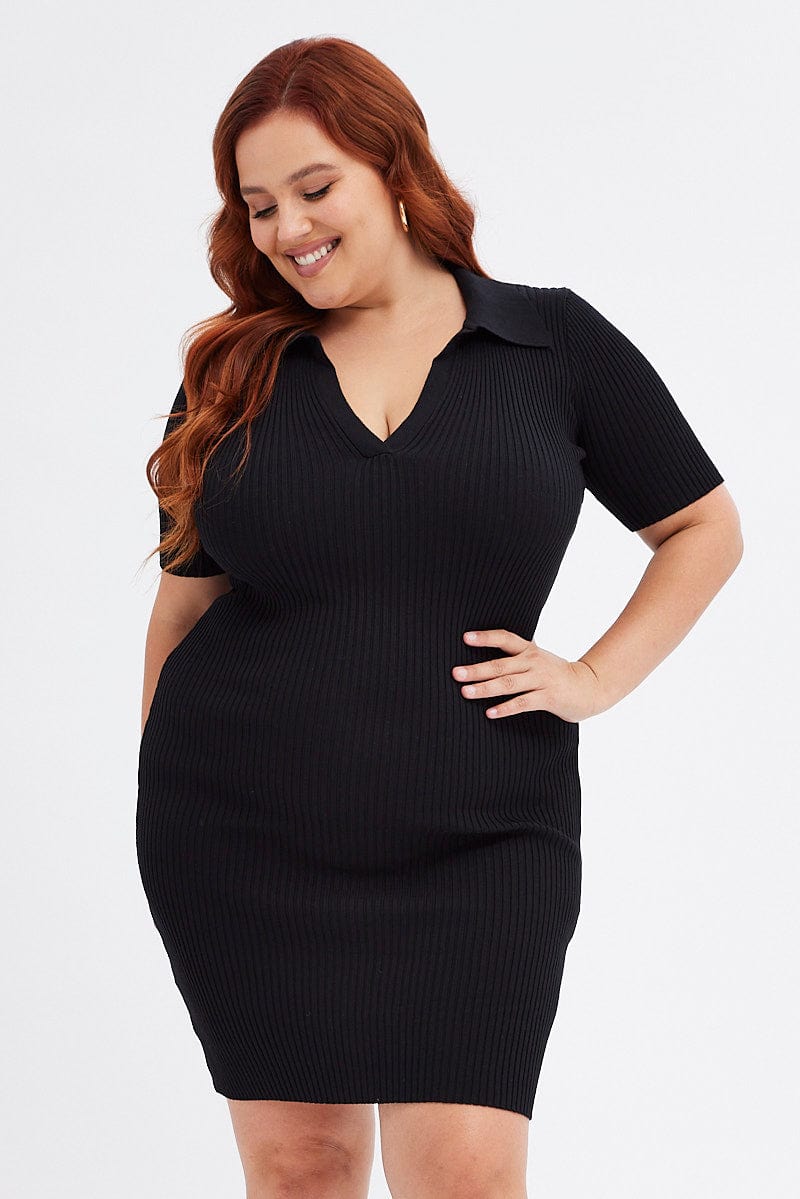 Black Knit Dress Short Sleeve Collared | You & All Black Knit Dress Short Sleeve Collared | You & All