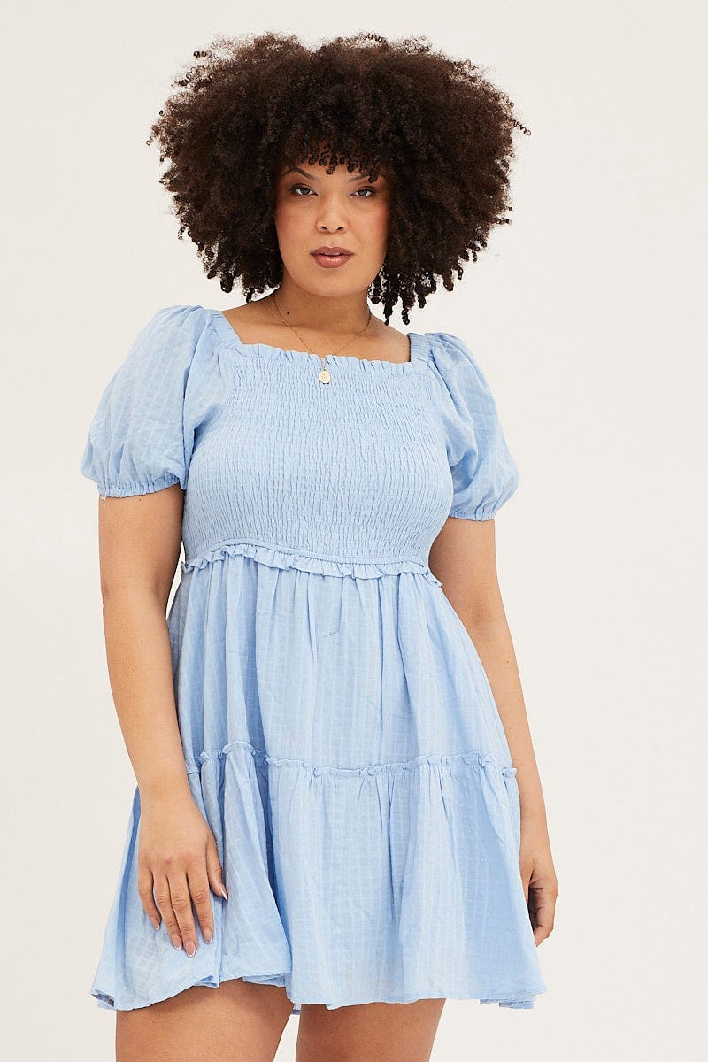 Plus Size Pale Blue Skater Dress Square Neck Short Sleeve Tie
