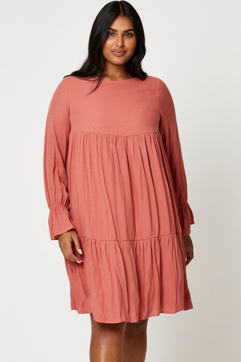 long sleeve smock dress Plus Size Beige Smock Dress Round Neck Long Sleeve Ruffle | You + All | Shop Online