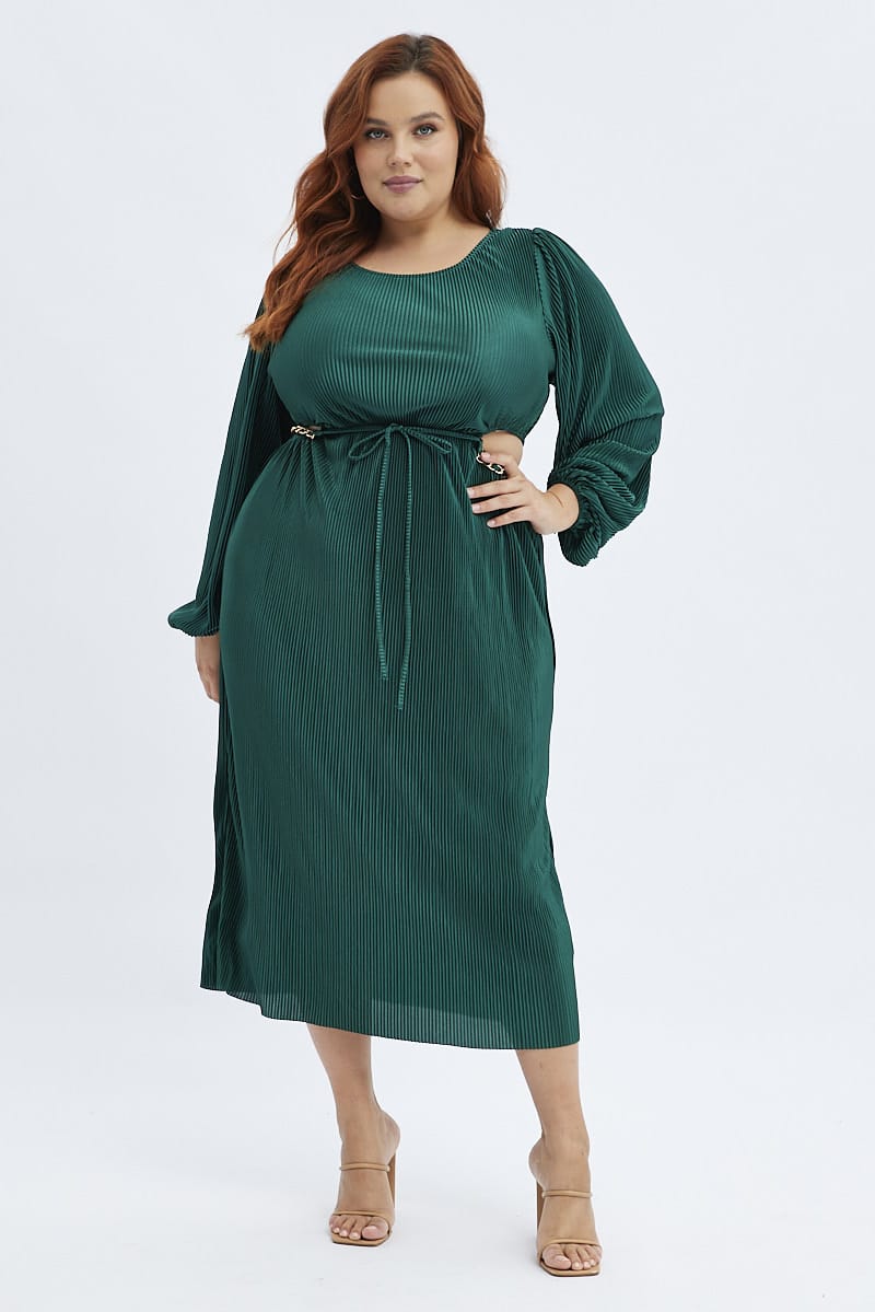 Green Midi Dress Long Sleeve Cut Out Plisse You All