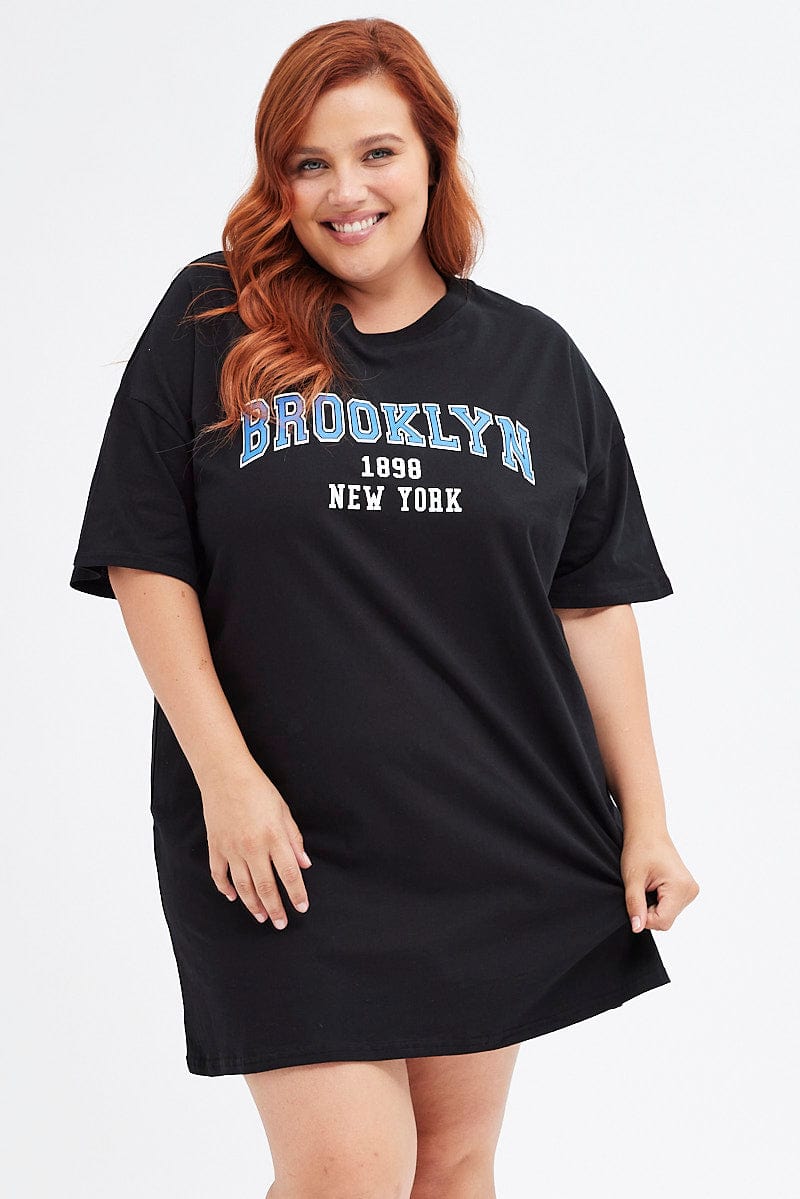Black T-shirt Dress Short Sleeve Brooklyn Logo Cotton You All