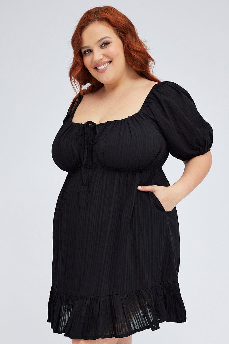 Plus Size Black Skater Dress Scoop Neck Short Sleeve Tie You