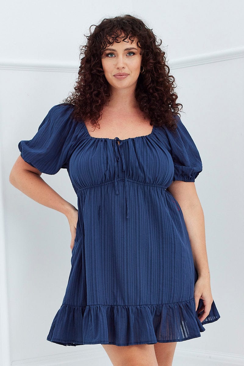 Blue Fit And Flare Dress Short Sleeve Ruched Bust | You & All Blue Fit And Flare Dress Short Sleeve Ruched Bust | You & All