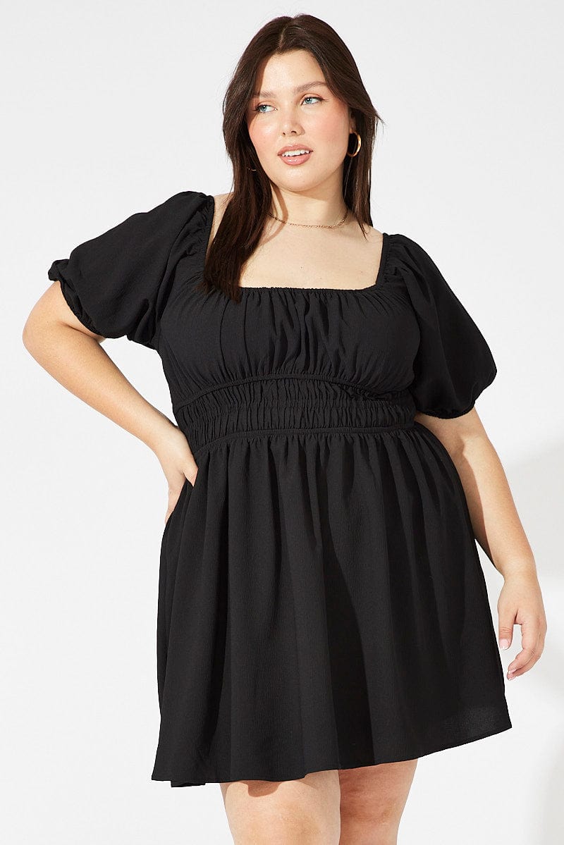 Black Fit And Flare Dress Short Sleeve Shirred Waist | You & All Black Fit And Flare Dress Short Sleeve Shirred Waist | You & All