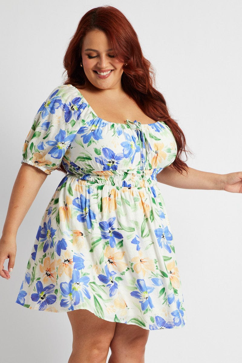 White Floral Fit And Flare Dress Short Sleeve Ruched Bust You All