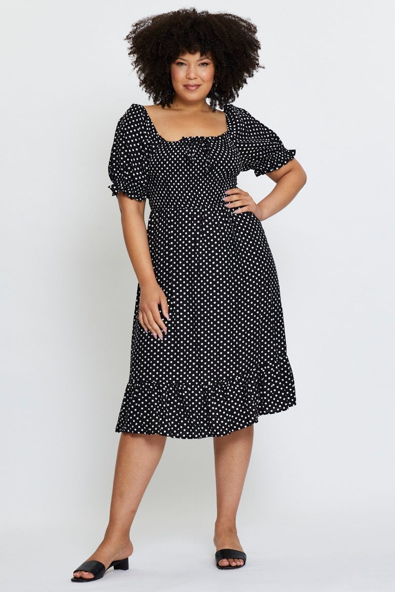 Plus Size Polka Dot Skater Dress Square Neck Short Sleeve You