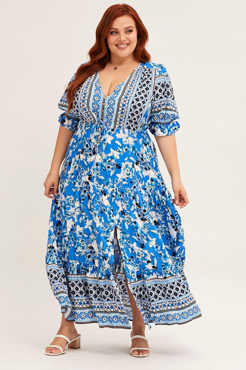 Dress Boho Plus Tops Plus Size Boho Print Short Bubble Sleeve Boho
