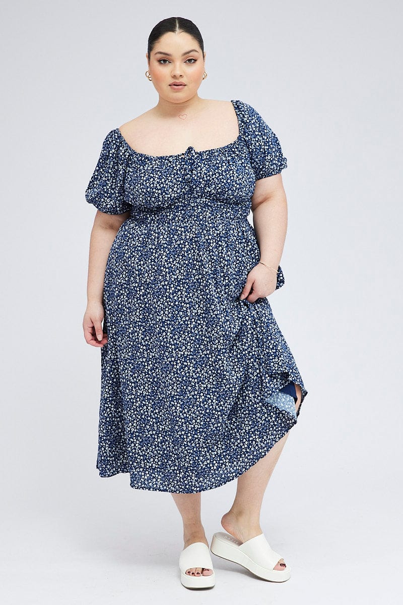 Blue Ditsy Midi Dress Short Sleeve Tiered | You & All Blue Ditsy Midi Dress Short Sleeve Tiered | You & All