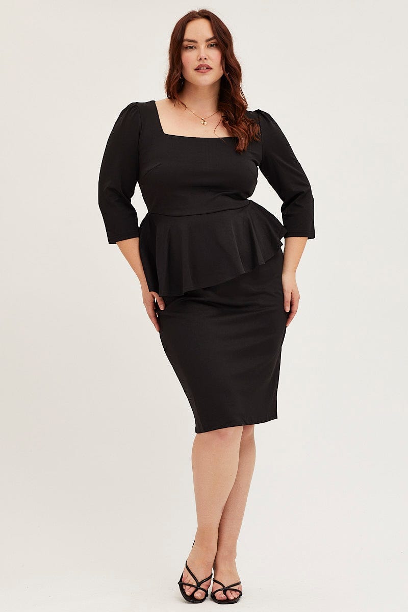 Plus Size Black Bodycon Dress Square Neck Long Sleeve Jersey You