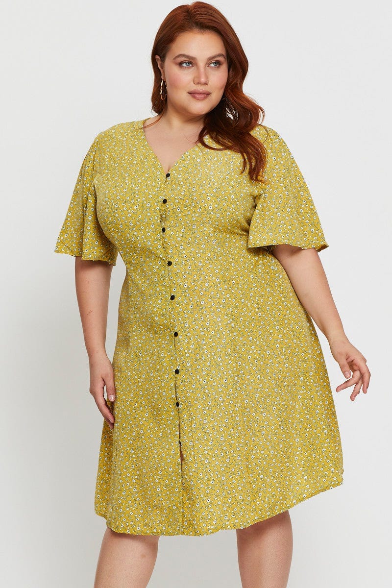 Plus Size Floral Print Skater Dress Short Sleeve Button You