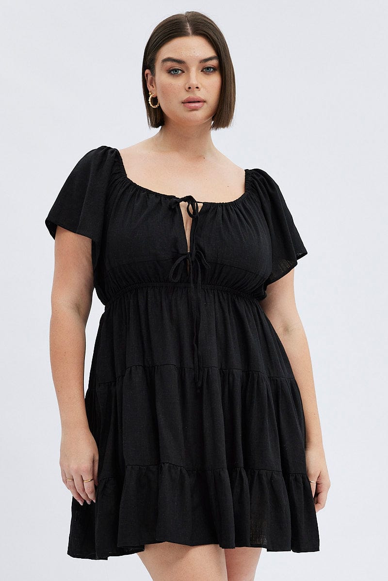 Black Skater Dress Tie Linen Blend Flare Sleeve Mini | You & All Black Skater Dress Tie Linen Blend Flare Sleeve Mini | You & All