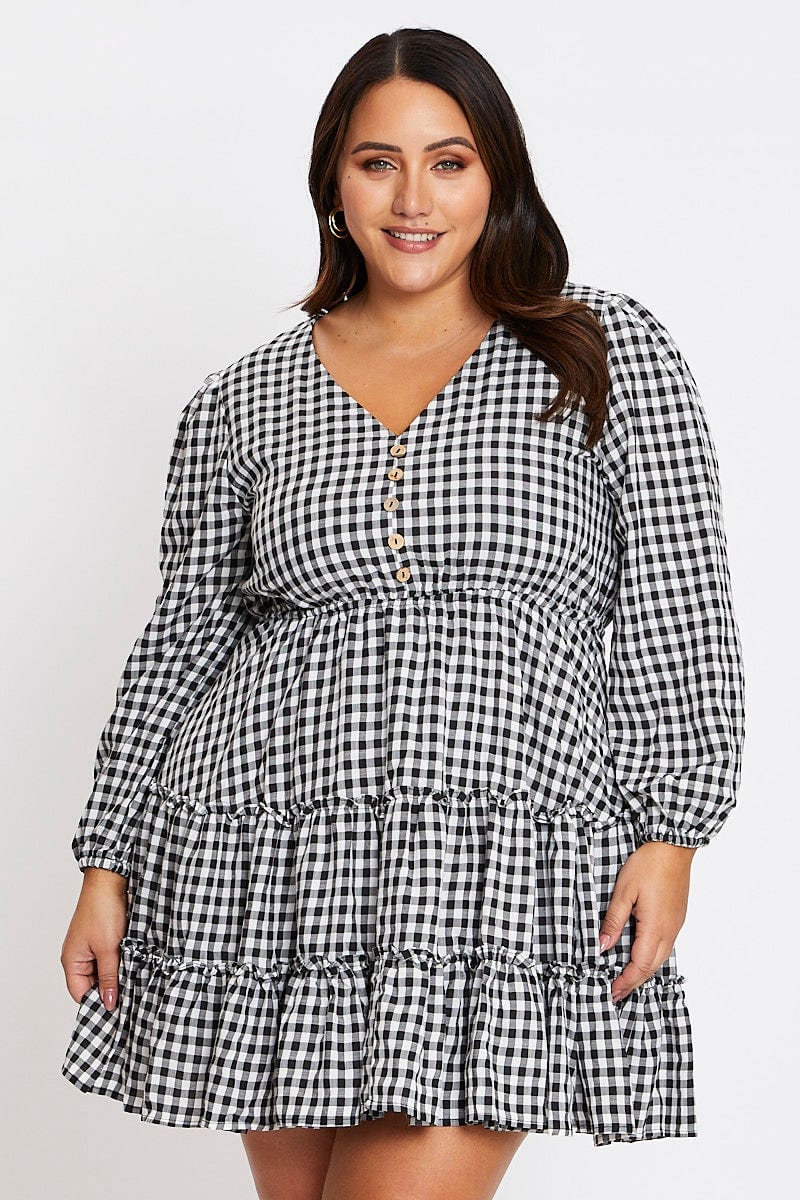 ladies checked dresses Tiered Gingham Check Dress, Black