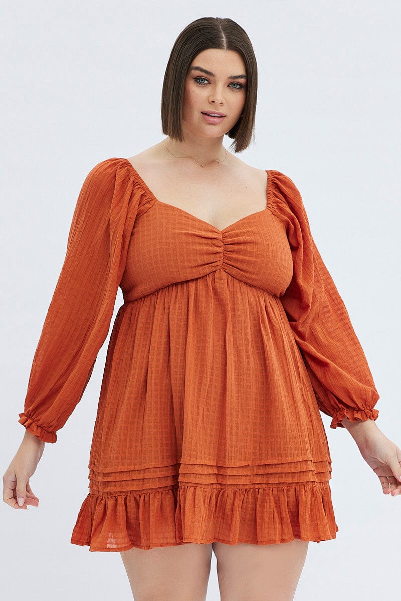 Rust Mini Dress Textured Cotton Blend Long Sleeve | You & All Rust Mini Dress Textured Cotton Blend Long Sleeve | You & All