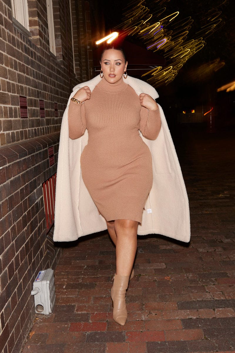 Camel Knit Dress Long Sleeve Midi Round Neck Tie Front | You & All Camel Knit Dress Long Sleeve Midi Round Neck Tie Front | You & All