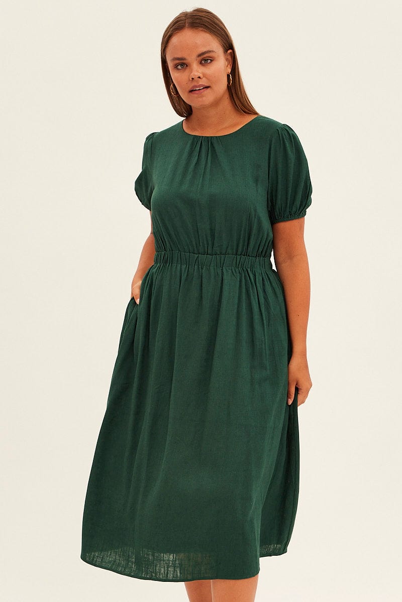 Green Midi Dress Cutout Back Puff Sleeve Linen Blend | You & All Green Midi Dress Cutout Back Puff Sleeve Linen Blend | You & All