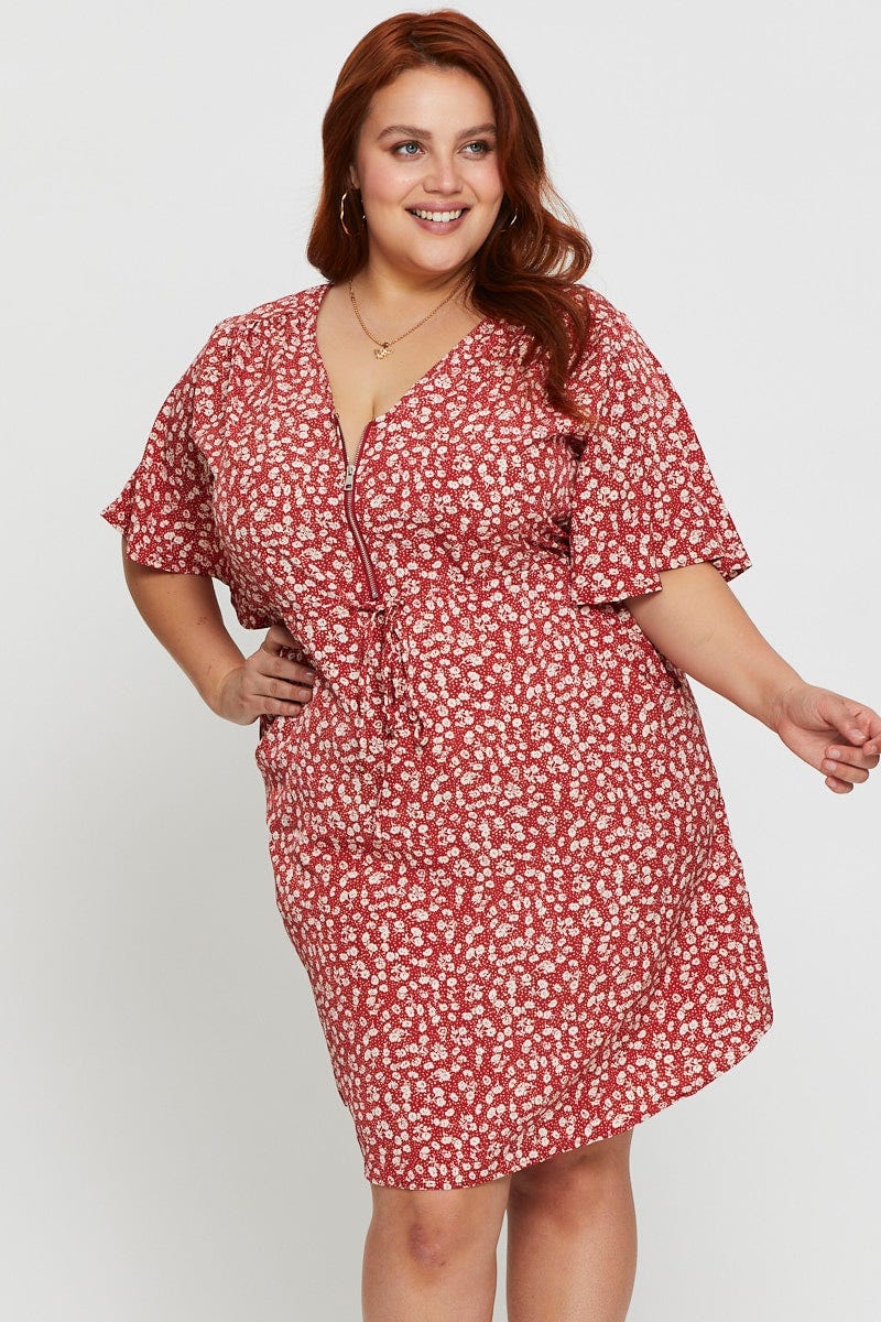 Plus Size Floral Print Skater Dress V-Neck Short Sleeve You