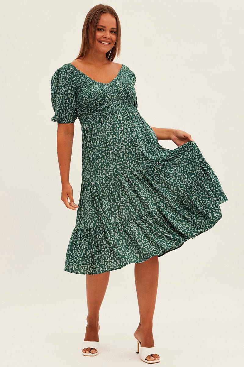 Green Ditsy Midi Dress Shirred Bodice V-neck You All