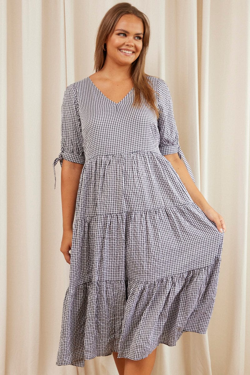 Plus Size Check Midi Dress V-Neck Short Sleeve You All Shop