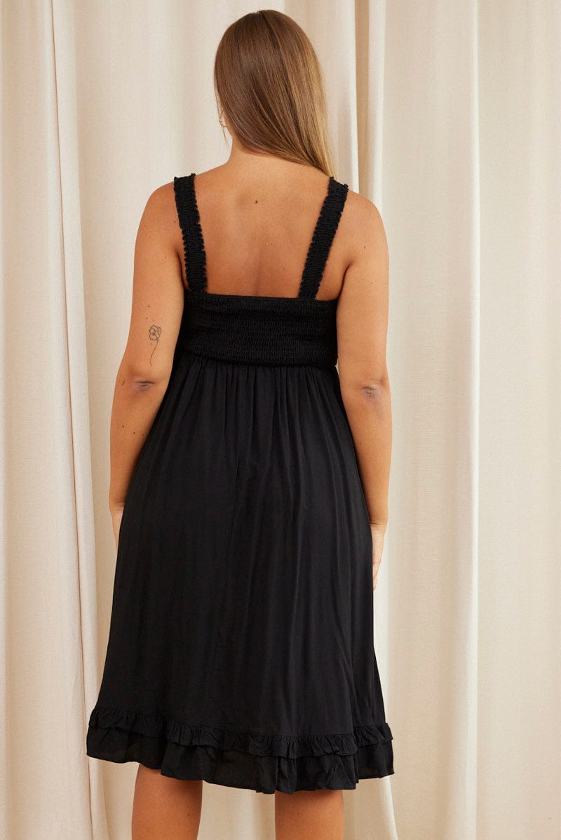 Black Midi Dress Square Neck Sleeveless for YouandAll Fashion