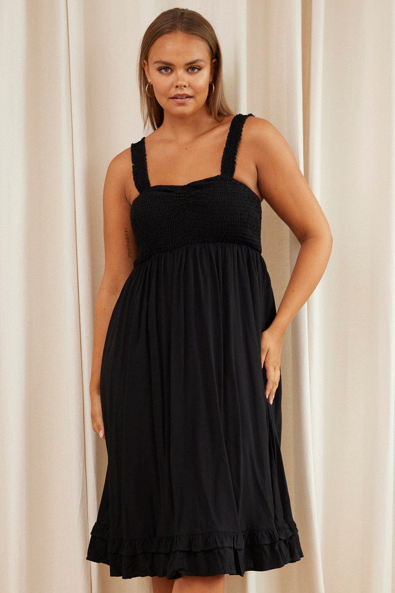 Black Midi Dress Square Neck Sleeveless for YouandAll Fashion