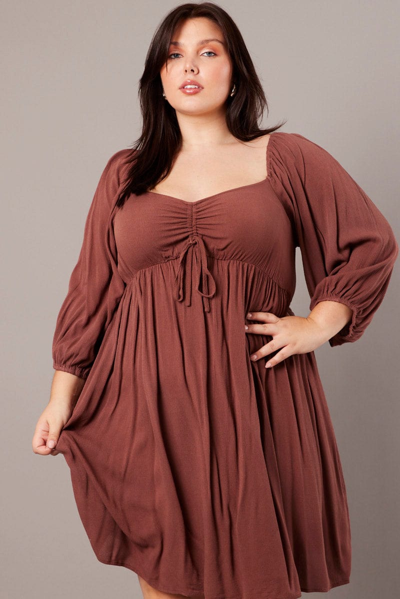 Brown Crinkle Ruched Drawstring Mini Dress | You & All Brown Crinkle Ruched Drawstring Mini Dress | You & All
