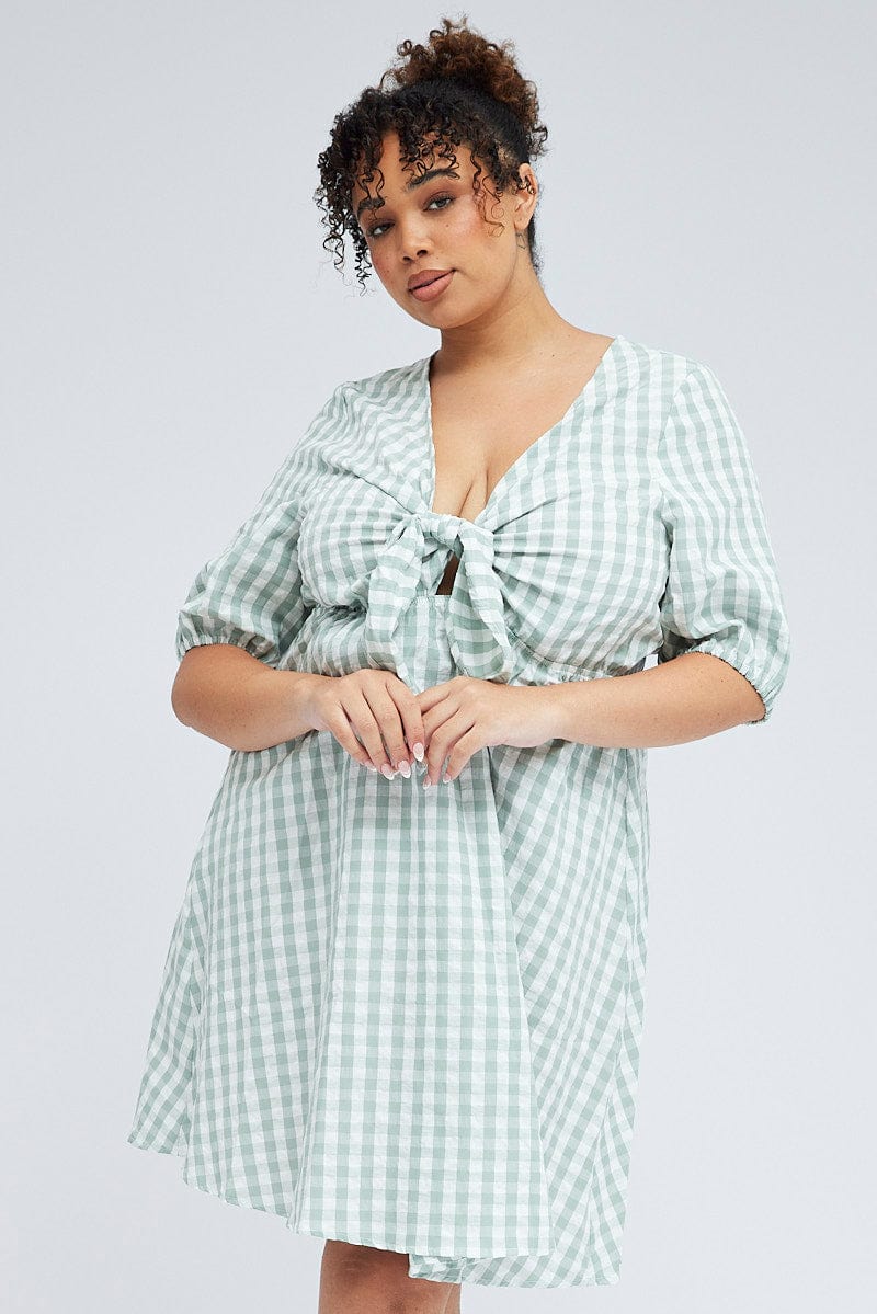 Green Check Mini Dress Tie Gingham Puff Sleeve | You & All Green Check Mini Dress Tie Gingham Puff Sleeve | You & All