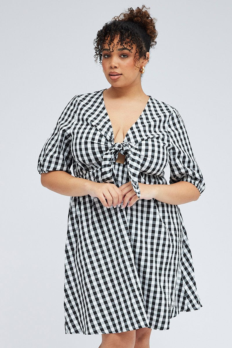 Black Check Mini Dress Tie Gingham Puff Sleeve | You & All Black Check Mini Dress Tie Gingham Puff Sleeve | You & All