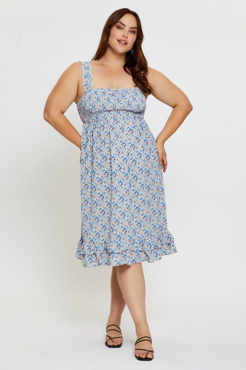 Plus Size Ditsy Print Midi Dress Scoop Neck Sleeveless You All