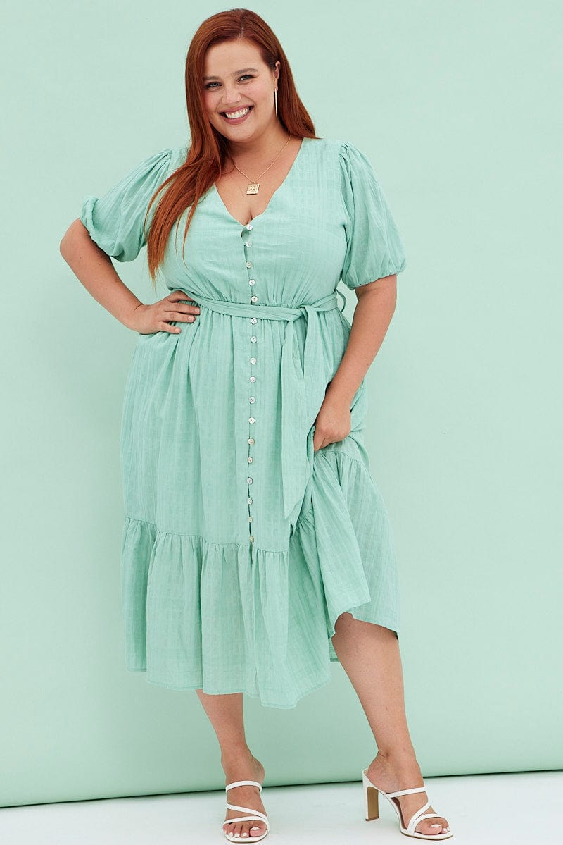 Plus Size Green Sage Short Sleeve Textured Button Midi Dress |You + All | Shop Online | You & All Plus Size Green Sage Short Sleeve Textured Button Midi Dress |You + All | Shop Online | You & All