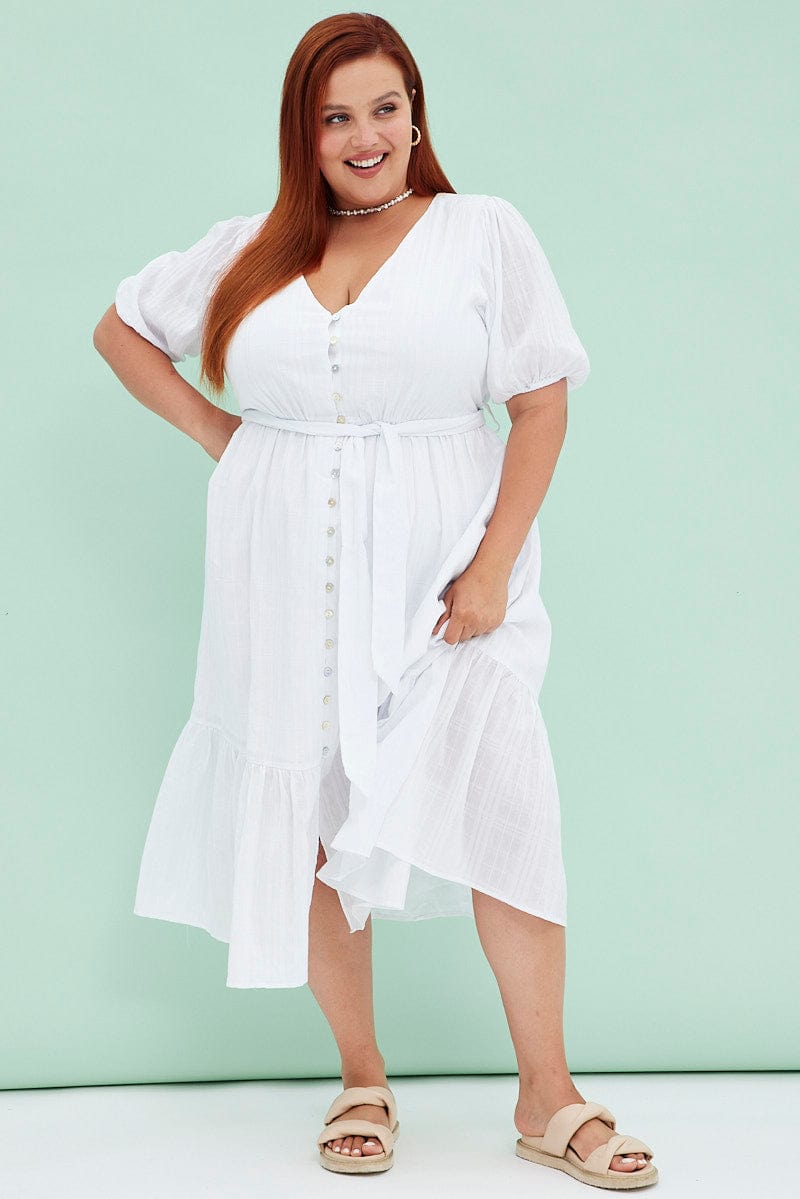Plus Size White Sage Short Sleeve Textured Button Midi Dress |You