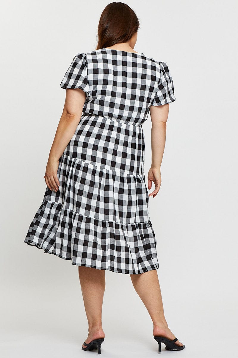 Check Midi Dress V-Neck Short Sleeve for YouandAll Fashion