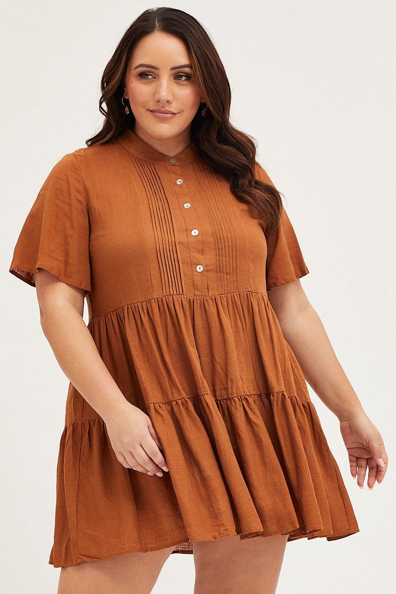 Plus Size Brown Skater Dress V-Neck Three-Quarter Sleeve Button | You + All | Shop Online | You & All Plus Size Brown Skater Dress V-Neck Three-Quarter Sleeve Button | You + All | Shop Online | You & All