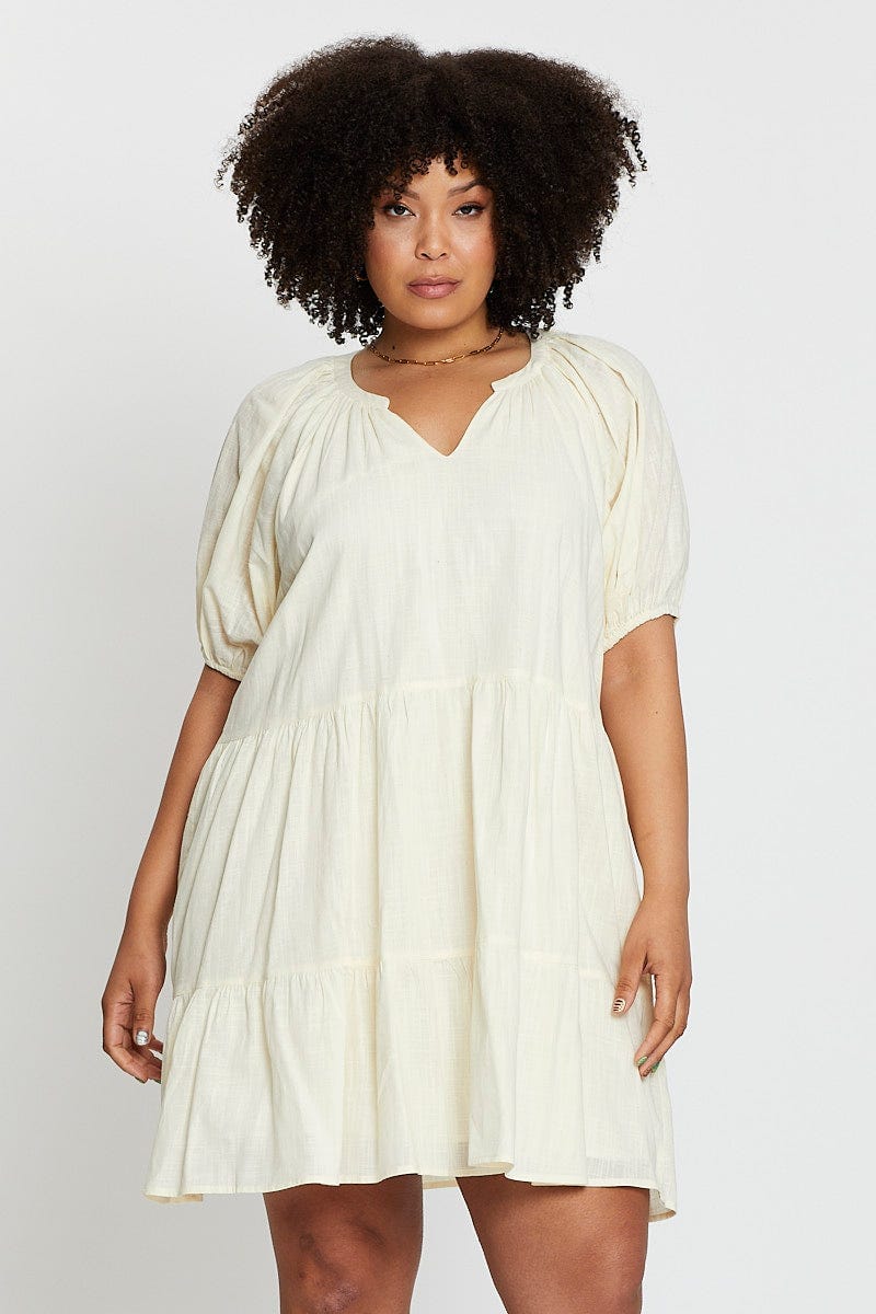 Plus Size Beige Puff 3/4 Sleeve Textured Cotton Oatmea Layer Dress | You + All | Shop Online | You & All Plus Size Beige Puff 3/4 Sleeve Textured Cotton Oatmea Layer Dress | You + All | Shop Online | You & All