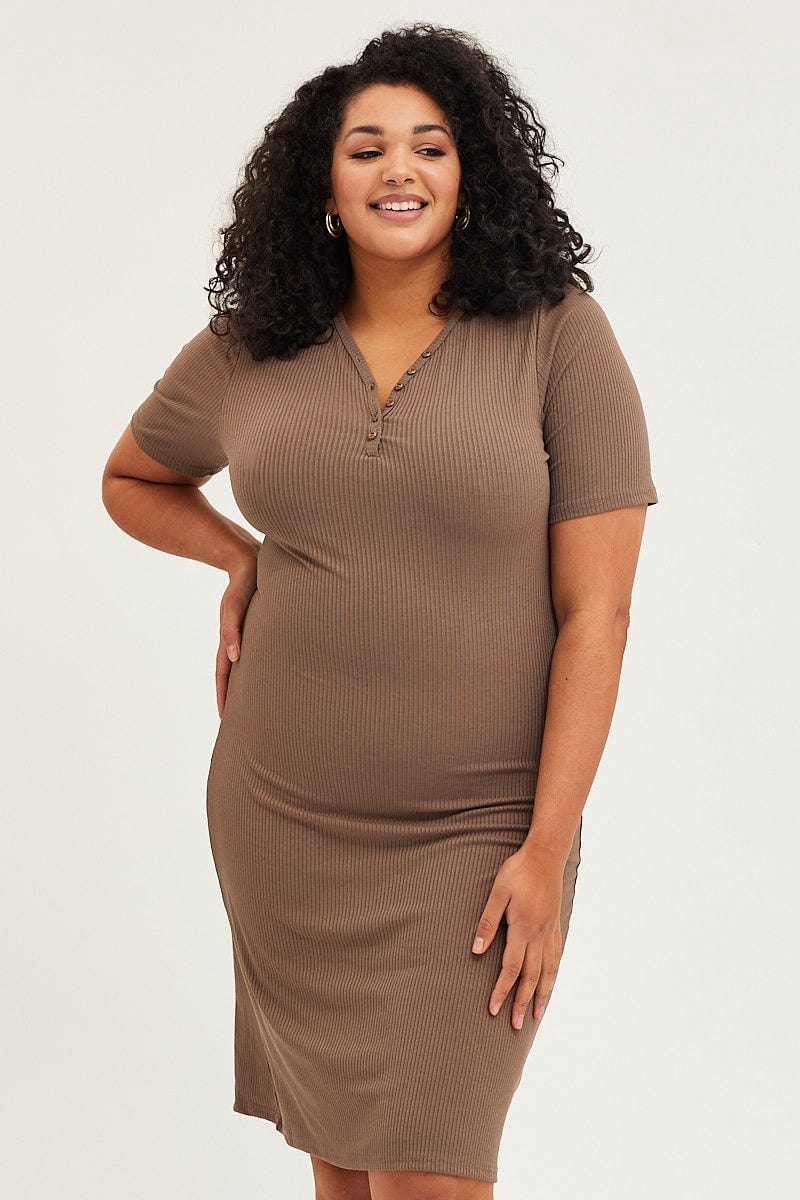Plus Size Brown Bodycon Dress V-Neck Long Sleeve Rib