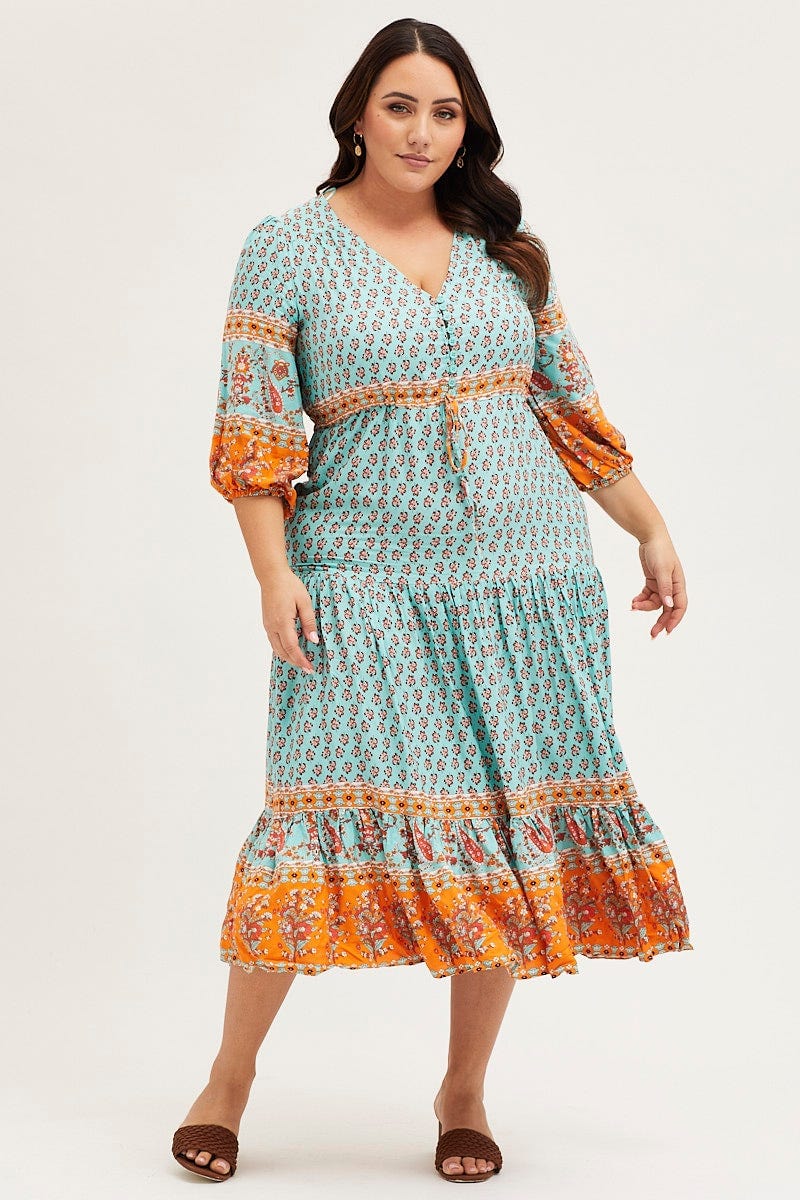 Plus Size Boho Print Maxi Dress V-Neck Long Sleeve You All