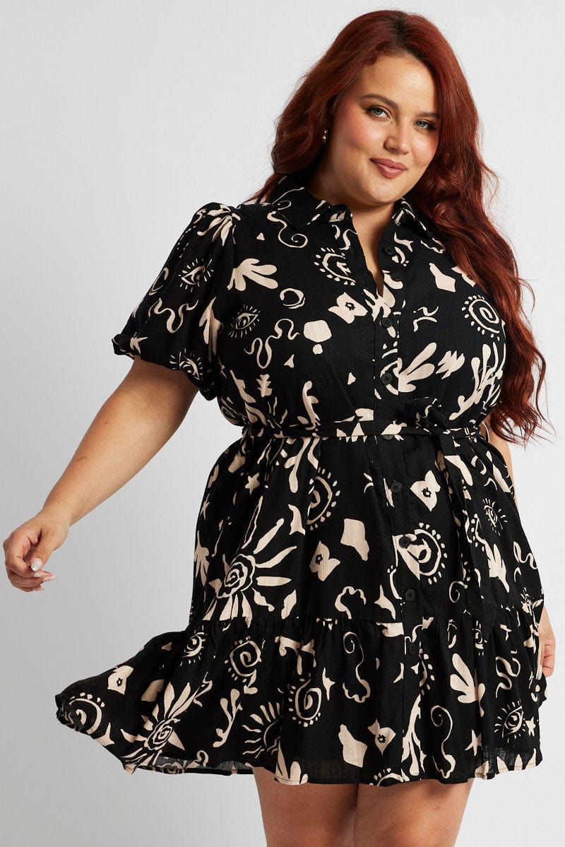 Black Abstract Shirt Dress Short Sleeve Self Tie You All